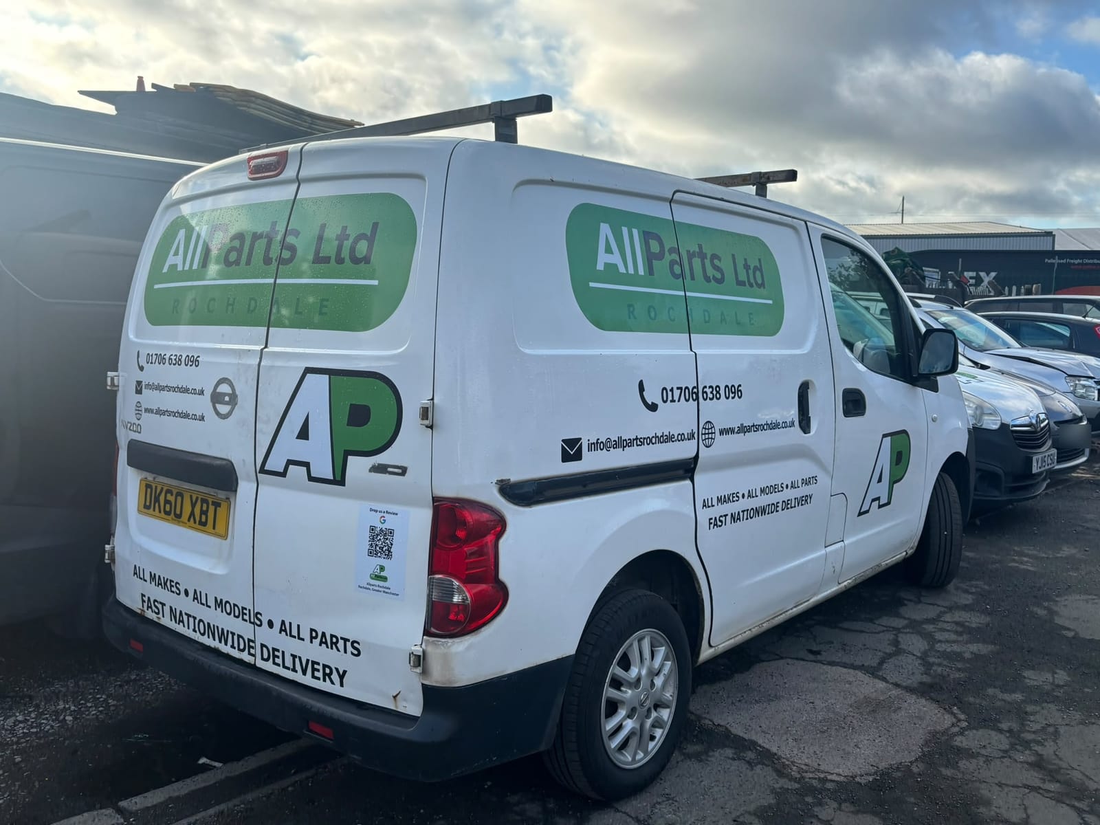 Allparts Rochdale branded delivery van used for nationwide used car part delivery, showing 01706 638096 and allpartsrochdale.co.uk