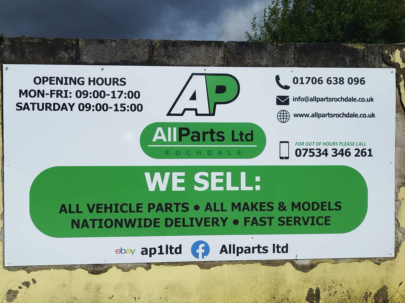 Allparts Rochdale yard sign listing all vehicle parts, all makes and models, nationwide delivery